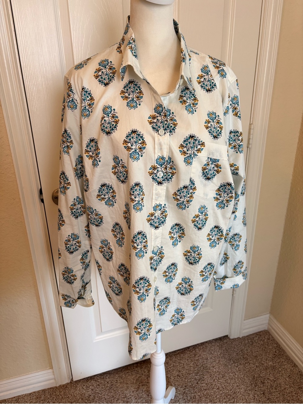 J. Crew Cream Button-Down Shirt with Blue and Yellow Floral Motif